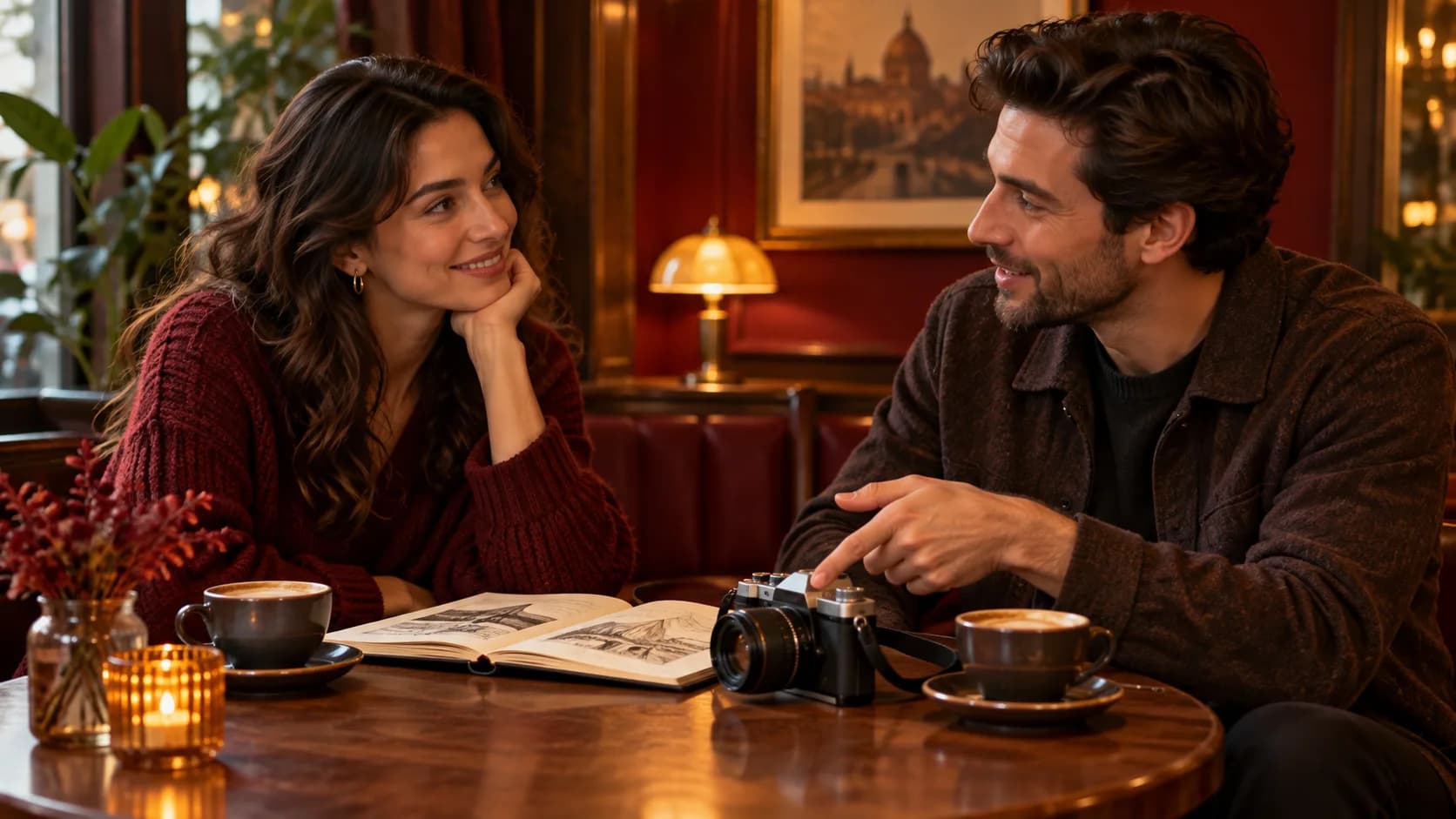 Two adults in a café listen and respond to a detail about a shared interest.